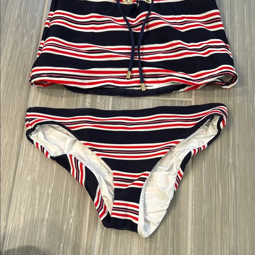 La Blanca Tankini Striped Swimsuit with Lace-Up Detail, size 6